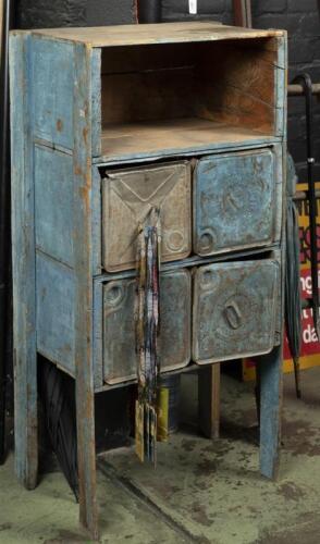 DEPRESSION CHEST: A depression storage chest with Shell 'Motor Spirit' & 'ATLANTIC UNION' tin cans as drawers