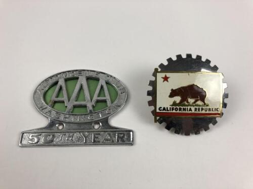 AMERICAN: Two American car badges. 'California Republic' car badge