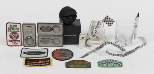 PORSCHE: A group of items. Keyrings, 'MOTORSPORT' glass, cloth badges