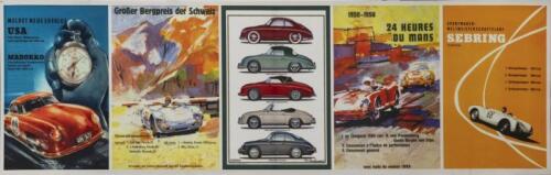 PORSCHE: A modern reproduction print featuring five Porsche advertising scenes from the 1950s printed to canvas.