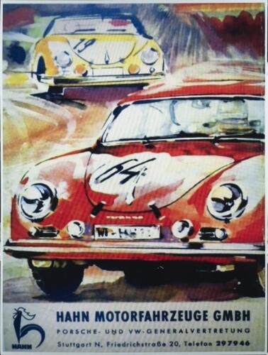 PORSCHE: A large modern colour reproduction print of a early 356 advertisement, printed to corflute, 150cm high, 112cm wide