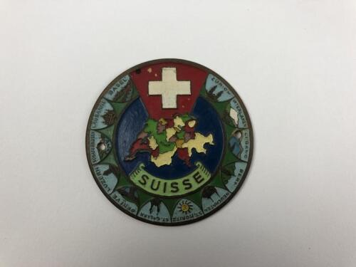 SWITZERLAND: 'Suisse' car badge with map of Switzerland and names of its cities