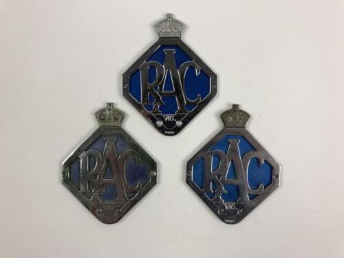 R.A.C.V: Three R.A.C.V car club badges. One with original carton