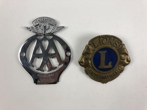 LIONS/A.A N.Z: Two car badges. Lions International and A.A N.Z