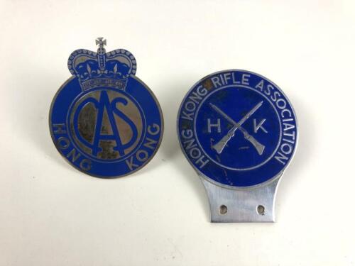 HONG KONG: Two Hong Kong car club badges. H.K 'Rifle Association' and 'Civil Aid Service' badges