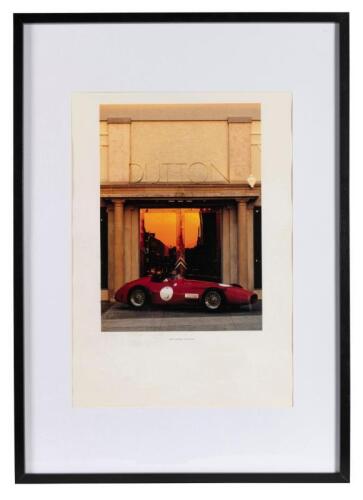 DUTTON: A colour&nbsp;"MAKE MINE RARE" poster featuring the Maserati 250 F of Peter Giddings outside the Dutton showroom. Inscription signed by Jeff Dutton