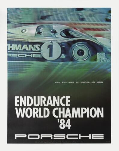PORSCHE: An original Porsche factory 'ENDURANCE WORLD CHAMPION '84' poster (WWM323810) featuring a Porsche 956, lined backed, 110cm high, 80cm wide.