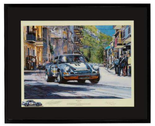 PORSCHE TARGA: A limited edition print (272/500) by Nicholas Watts titled "The Final Targa", signed in pencil by Gijs van Lennep and the artist: framed and glazed 89cm wide, 73cm high
