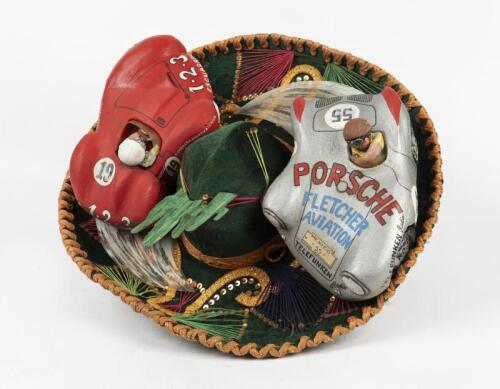 PANAMERICANA: A novelty Pigallesambero hat with a PANAMERICANA theme featuring a Porsche 550 Spyder and Ferrari 375MM by renowned auto artist Terry Lawrie