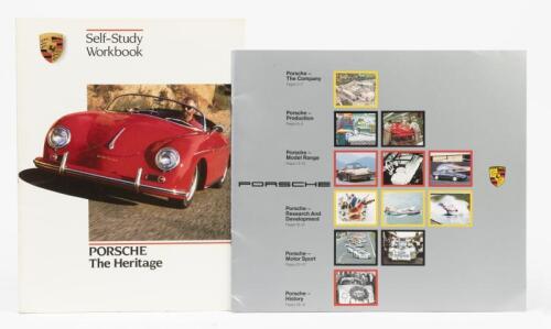 PORSCHE: Two PORSCHE related information items. 1986 PORSCHE company profile information booklet & 'PORSCHE Self-Study Workbook' detailing PORSCHE heritage