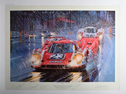 PORSCHE: A Nicholas Watts signed print - "VICTORY FOR PORSCHE - LE MANS 1970". L.E 400/850. Print with Richard Attwood, Hans Hermann, Vic Elford, Hans Mezger signatures