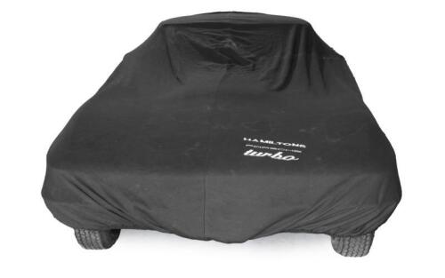 PORSCHE CAR COVER: A large black PORSCHE car cover embroidered with 'HAMILTON PORSCHE turbo'