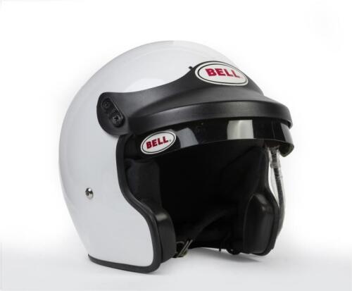 RACING HELMET: A white BELL 2000 racing helmet with radio speaker