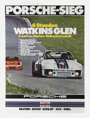 PORSCHE: An original 1976&nbsp;Porsche Martini Racing, 'PORSCHE-SIEG, WATKINS GLEN' poster. Featuring a Martini Porsche 935, lined Backed, 101cm high, 76.5cm wide.