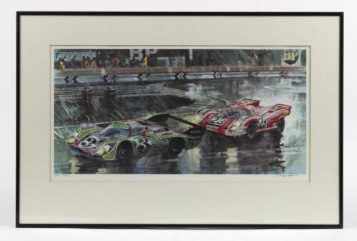 PORSCHE: A colour picture by famous artist Walter Gotschke of the 'Hippie' Porsche 917 in the rain at Le Mans, 1970. Signed by Artist. Numbered '421'/1600