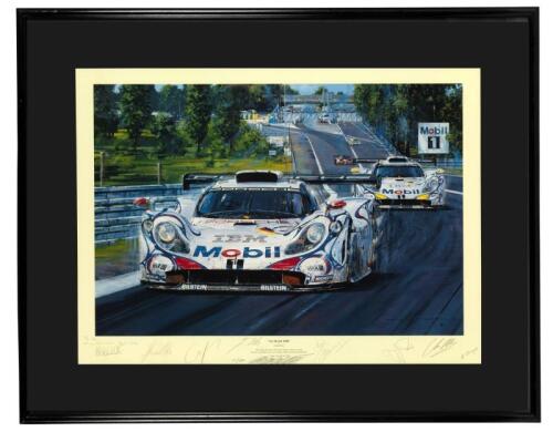 Le Mans 98: A framed and glazed limited edition print by Nicholas Watts titled "Le Mans 1998", featuring the Porsche 911 GTI-98 of McNish, Ortelli and Aiello, signed in pencil by Alan McNish, Stephane Ortelli, Laurent Aiello, Bob Wollek, Uwe Alzen, Jurgen