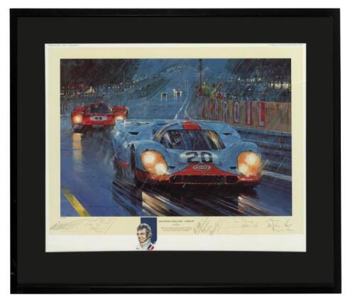 NICHOLAS WATTS: A Limited Edition print by Nicholas Watts titled "THE POWER & THE GLORY - A TRIBUTE" featuring a tribute to the Porsche 917'S and Ferrari 512's. personally signed and inscribed by Brian Redman, Jacky Ickx, Richard Attwood, Clay Regazzoni, 
