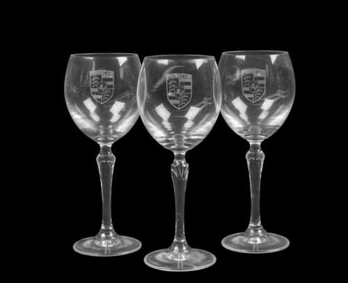 PORSCHE: Three wine glasses with applied 'PORSCHE' emblem