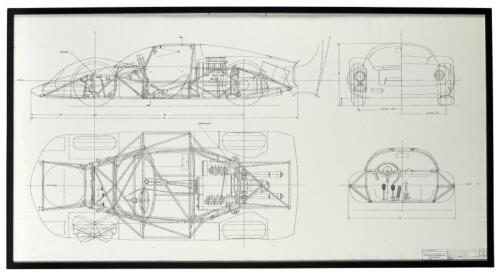 906: A large and impressive reproduction blueprint engineering drawing of the Porsche 906/ Carrera 6: framed and glazed