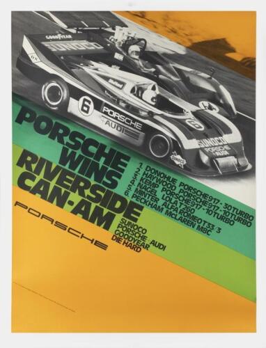 PORSCHE: An original November 1973&nbsp;factory Porsche, 'PORSCHE WINS RIVERSIDE CAN-AM' poster. Featuring a Porsche-Audi 917/30, lined backed ,101cm high, 76.5cm wide
