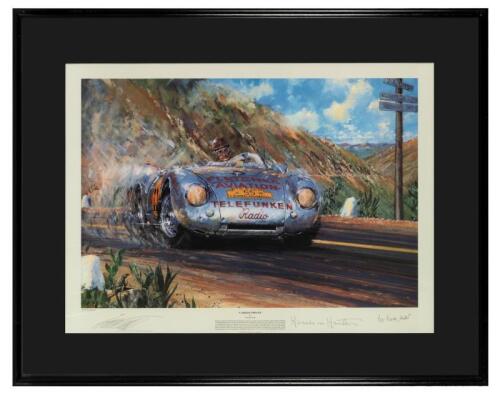 CARRERA PORSCHE: A limited edition print (407/500) by Nicholas Watts titled "Carrera Porsche", signed in pencil by Huschke von Hanstein, Hanns Herrmann and the artist: framed and glazed
