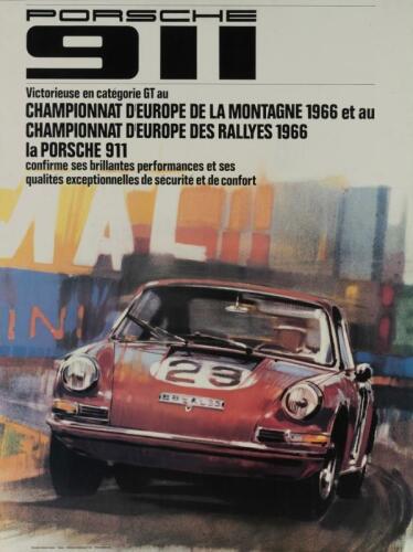 PORSCHE 911: A large board mounted poster celebrating the success of the Porsche 911 in 1966 in Rally and Mountain racing