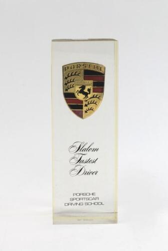 PORSCHE DRIVING SCHOOL: A 'Porsche Sports Car Driving School' trophy for the Slalom fastest driver award.