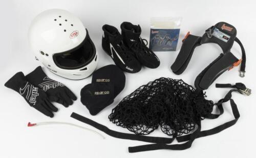PORSCHE: A group of car racing gear. BELL helmet, Sabelt racing gloves & racing boots