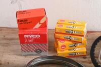 MG: A collection of MG T-Series service parts including spark plugs, belts, oil filter, rubber hoses, contact set, headlight rims, choke cables. Together with rocker cover - 3