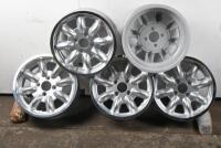 MINILITES: A set of five unused 15"x6 Minilites, with five Minilite branded centrecaps and set of threaded lugnuts. '5345' stamped into inside rear of each wheel. PCD 110mm (Updated Listing)