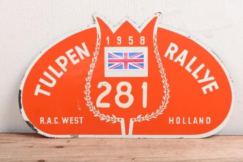 TULPEN RALLY: A 1958 RAC Tulpen car rally participant plate. Participant number '281'