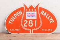 TULPEN RALLY: A 1958 RAC Tulpen car rally participant plate. Participant number '281'