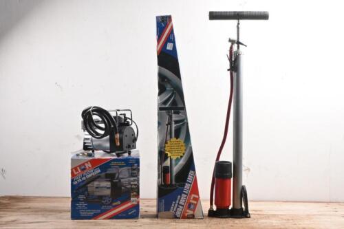 PUMPS: Two tyre pumps by LION QUALITY PRODUCTS. HEAVY DUTY HAND PUMP with air pressure reservoir & ST FLOW 150 PSI AIR COMPRESSOR. Both mint & boxed