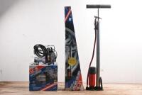 PUMPS: Two tyre pumps by LION QUALITY PRODUCTS. HEAVY DUTY HAND PUMP with air pressure reservoir & ST FLOW 150 PSI AIR COMPRESSOR. Both mint & boxed