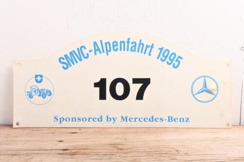MERCEDES-BENZ: A 'SMVC-Alpenfahrt 1995', entrant number '107', rally plate. As sponsored by Mercedes-Benz