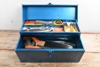 TOOL BOX: A metal tool box with multiple tools including saws, screw driver set, chisels, hammer