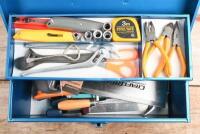 TOOL BOX: A metal tool box with multiple tools including saws, screw driver set, chisels, hammer - 2