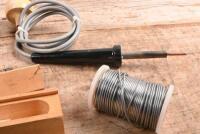 TOOLS: A collection of tools including tube cutter, Ridgway expanding drill bit, soldering iron, "Baker's" "BURNAX" liquid flux and roll of solder - 3