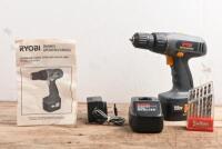 DRILL: A RYOBI COMMAND FORCE Cordless Driver Drill with instructions, battery charger, with unused Sutton 1/16" to 1/4" drill set