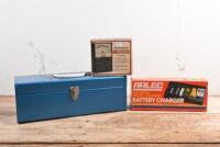 TOOL BOX: A metal tool box with a unused MICRONTA MULTITESTER & mint and boxed ARLEC UNIVERSAL BATTERY CHARGER