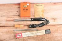 SOLDERING IRON/DRILL SET: An unused 'BIRKO' soldering iron & unused Australian made 'MITRE 10' high speed steel drill set (1/16" - 3/8" x 1/64"ths) by Sutton Tools