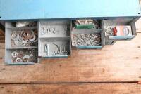 METAL STORAGE UNITS: Two metal storage boxes. Some compartments stocked with drill bits, nuts, bolts and washes, grommets, clips - 2