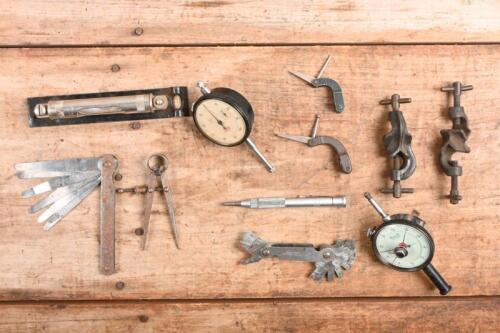 ENGINEERING TOOLS: A collection of engineering tools. Level, Dial Gauges & Clamps. Pocket Scribe