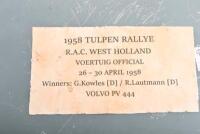 TULPEN RALLY: A 1958 RAC Tulpen car rally 'OFFICIAL' participant plate - 2