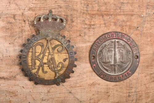 69B · GRILLE BADGES: Two worn grille badges including 'Real Automobile Club of Espana (Spain)' as well as French badge.