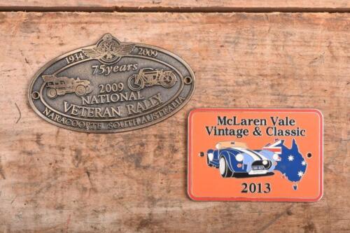 RALLY BADGES: Two South Australian rally badges. '2009 NATIONAL VETERAN RALLY - NARACOORTE, SOUTH AUSTRALIA 1934 - 2009' brass badge & 2013 'McLaren Vale Vintage & Classic' rally metal badge