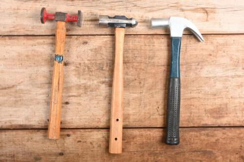 HAMMERS: Three hammers. One claw, peen (Turner), and cobbler (Sykes) hammers