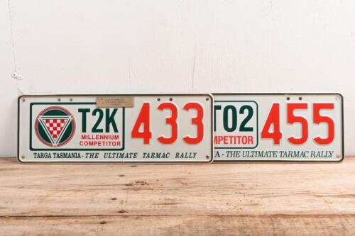 TARGA TASMANIA: Two Targa Tasmania competitor number plates including Targa Tasmania 2000 Targa trophy winner and 'T02' competitor plate