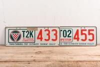TARGA TASMANIA: Two Targa Tasmania competitor number plates including Targa Tasmania 2000 Targa trophy winner and 'T02' competitor plate