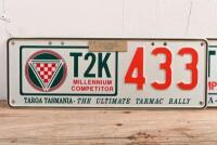 TARGA TASMANIA: Two Targa Tasmania competitor number plates including Targa Tasmania 2000 Targa trophy winner and 'T02' competitor plate - 2
